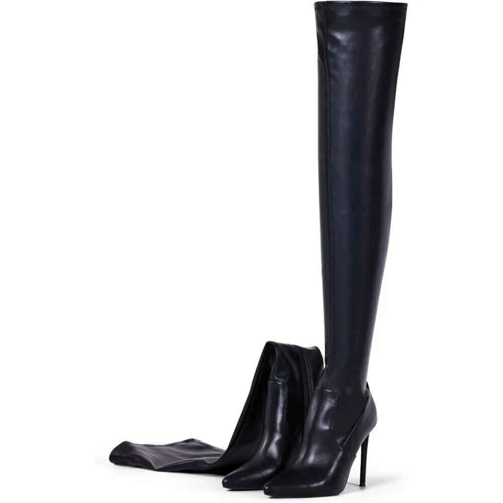 Women Black Matte Suede Pointed Toe 4.3 inch Stilettos Thigh High Heels Boots